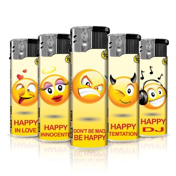 Motivfeuerzeug 50er-Display mit Happy Samie in Gelb-Orange – Sicheres Zubehör bei Emma Trade GmbH für Tankstellen und Kioske - Einzeln