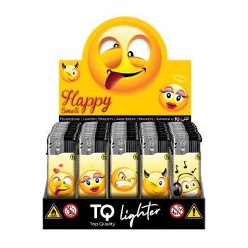 Motivfeuerzeug 50er-Display mit Happy Samie in Gelb-Orange – Sicheres Zubehör bei Emma Trade GmbH für Tankstellen und Kioske - Display