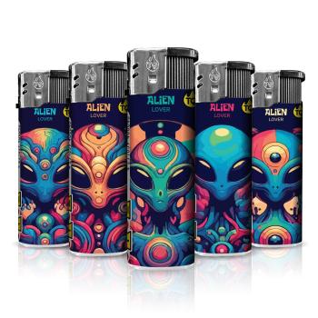 Alien Lover Motivfeuerzeug 50er-Display in Grün, Lila, Schwarz – Sicheres Zubehör bei Emma Trade GmbH für Tankstellen und Kioske - Einzeln