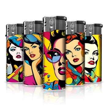 Pop Art Woman Motivfeuerzeug 50er-Display in Pink, Gelb, Blau – Sicheres Zubehör bei Emma Trade GmbH für Tankstellen und Kioske - Einzeln