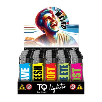 TQ Motivfeuerzeug 50er-Display mit Weird Words Motiv – Sicheres Zubehör bei Emma Trade GmbH für Tankstellen und Kioske - Display
