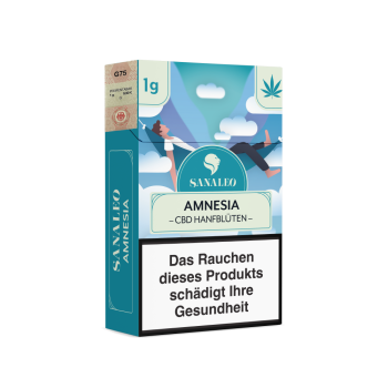 Sanaleo Amnesia CBD-Blüten in der Zigarettenschachtel mit 1 g Inhalt und Steuermarke Emma Trade