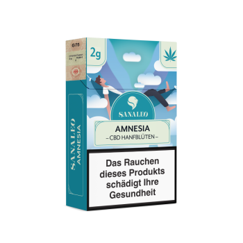 Sanaleo Amnesia CBD-Blüten in der Zigarettenschachtel mit 2 g Inhalt und Steuermarke Emma Trade