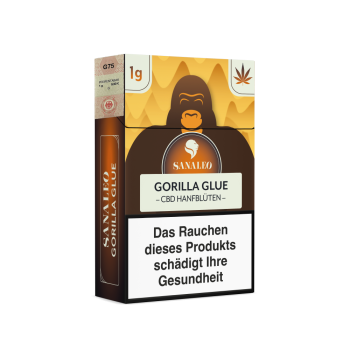 Sanaleo Gorilla Glue CBD-Blüten in der Zigarettenschachtel mit 1 g Inhalt und Steuermarke Emma Trade