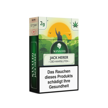 Sanaleo Jack Herer CBD-Blüten in der Zigarettenschachtel mit 2 g Inhalt und Steuermarke Emma Trade