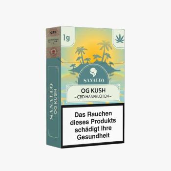 Sanaleo OG Kush CBD-Blüten in der Zigarettenschachtel mit 1 g Inhalt