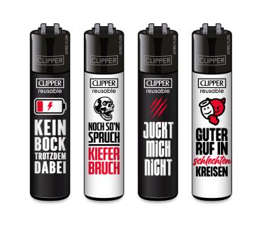 CLIPPER Classic Large Sprüche #2 – Kein Bock, Kieferbruch, Juckt mich nicht, Guter Ruf – Großhandel Emma Trade GmbH - Motiv