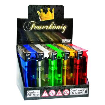 Feuerkönig Elektronikfeuerzeug 50er-Display in fünf Farben – Sicheres Zubehör bei Emma Trade GmbH für Tankstellen und Kioske - Display