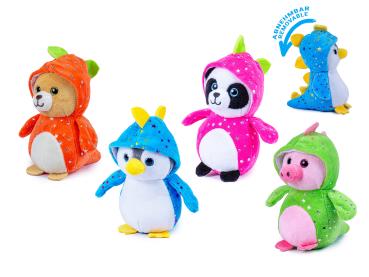 Vier Plüschtiere 17 cm im abnehmbaren Drachenkostüm – Bär, Pinguin, Panda, Schwein – Emma Trade Großhandel