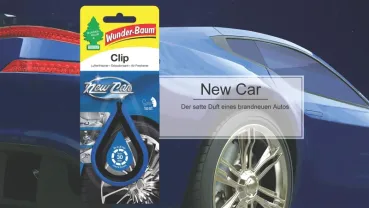 Wunderbaum Clip New Car in Blau – Frischer Autoduft bei Emma Trade GmbH für Tankstellen und Kioske - Produktbeschreibung
