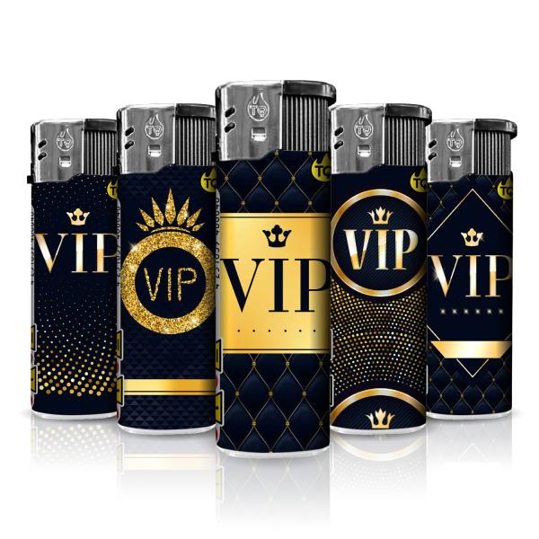 VIP Motivfeuerzeug 50er-Display in Schwarz und Gold – Sicheres Zubehör bei Emma Trade GmbH für Tankstellen und Kioske - Einzeln