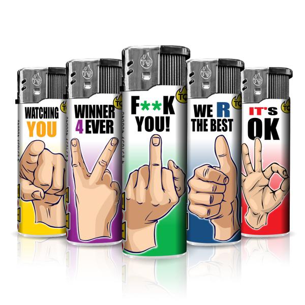Finger Motivfeuerzeug 50er-Display in Weiß/Rot, Blau/Weiß – Sicheres Zubehör bei Emma Trade GmbH für Tankstellen und Kioske - Einzeln