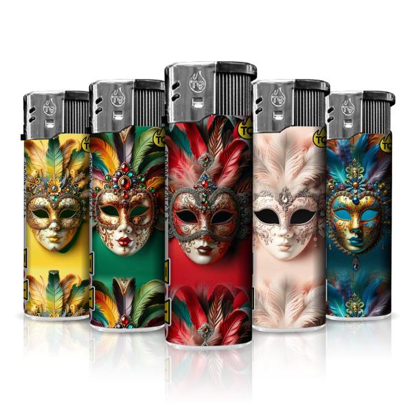 Venedig Mask Motivfeuerzeug 50er-Display in Gold, Schwarz, Rot – Sicheres Zubehör bei Emma Trade GmbH für Tankstellen und Kioske - Einzeln