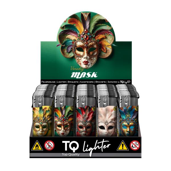 Venedig Mask Motivfeuerzeug 50er-Display in Gold, Schwarz, Rot – Sicheres Zubehör bei Emma Trade GmbH für Tankstellen und Kioske - Display