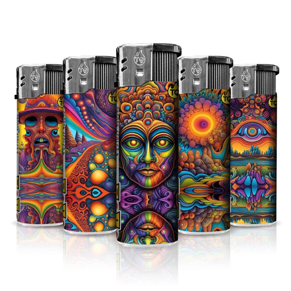 Psychedelic Motivfeuerzeug 50er-Display in Pink, Türkis, Lila – Sicheres Zubehör bei Emma Trade GmbH für Tankstellen und Kioske - Einzeln