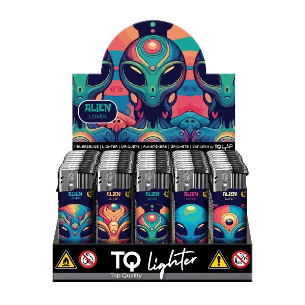 Alien Lover Motivfeuerzeug 50er-Display in Grün, Lila, Schwarz – Sicheres Zubehör bei Emma Trade GmbH für Tankstellen und Kioske - Display