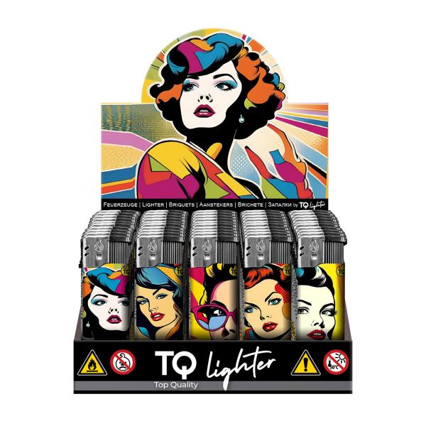 Pop Art Woman Motivfeuerzeug 50er-Display in Pink, Gelb, Blau – Sicheres Zubehör bei Emma Trade GmbH für Tankstellen und Kioske - Display