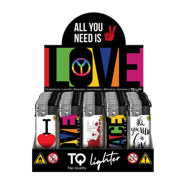 Motivfeuerzeug 50er-Display mit All You Need is Love in Rot-Weiß – Sicheres Zubehör bei Emma Trade GmbH für Tankstellen und Kioske - Display