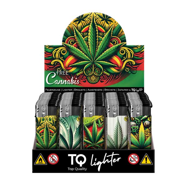 TQ Motivfeuerzeug 50er-Display mit Free Cannabis Motiv – Sicheres Zubehör bei Emma Trade GmbH für Tankstellen und Kioske - Display