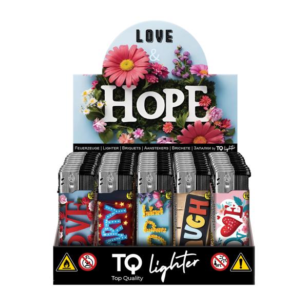 TQ Motivfeuerzeug 50er-Display mit Love & Hope Motiv – Sicheres Zubehör bei Emma Trade GmbH für Tankstellen und Kioske - Display