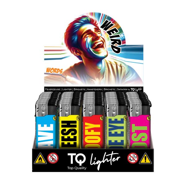 TQ Motivfeuerzeug 50er-Display mit Weird Words Motiv – Sicheres Zubehör bei Emma Trade GmbH für Tankstellen und Kioske - Display