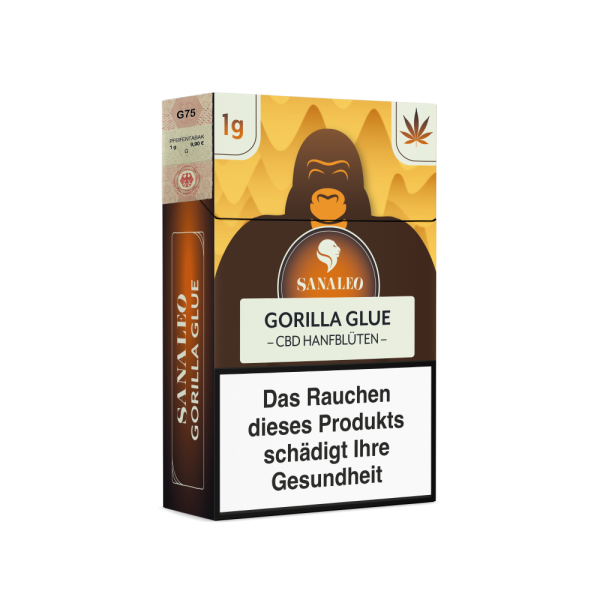 Sanaleo Gorilla Glue CBD-Blüten in der Zigarettenschachtel mit 1 g Inhalt und Steuermarke Emma Trade