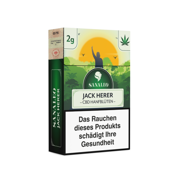 Sanaleo Jack Herer CBD-Blüten in der Zigarettenschachtel mit 2 g Inhalt und Steuermarke Emma Trade