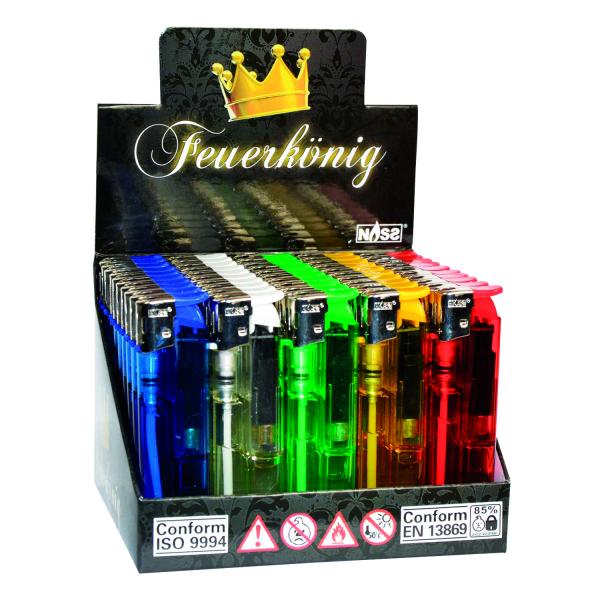 Feuerkönig Elektronikfeuerzeug 50er-Display in fünf Farben – Sicheres Zubehör bei Emma Trade GmbH für Tankstellen und Kioske - Display
