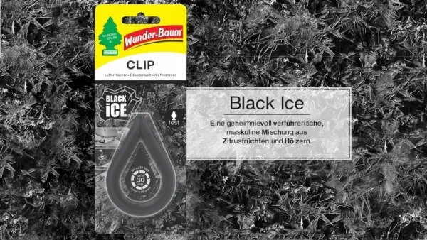 Wunderbaum Clip Black Ice in Schwarz – Frischer Autoduft bei Emma Trade GmbH für Tankstellen und Kioske - Produktbeschreibung